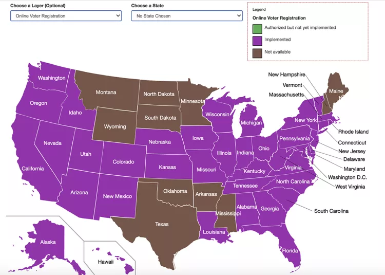 Map of America with purple and brown coloring to indicate state policies regarding online voter registration