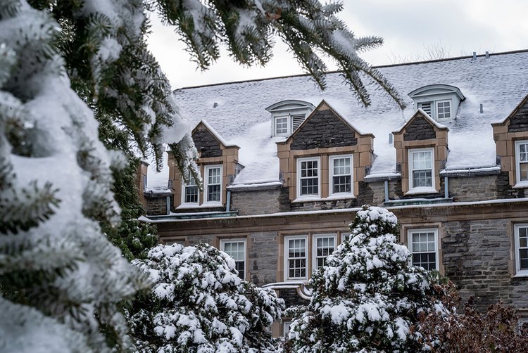 Wharton Hall covered in snow