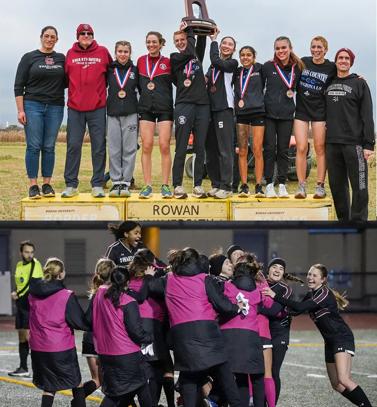 Collage of women's cross country and women's soccer teams celebrating victories