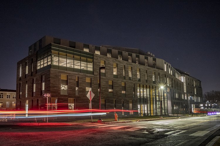 Time-lapse night photo of Singer Hall