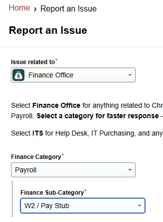 Showing boxes from the support portal with 'finance office, payroll and W2 selected.