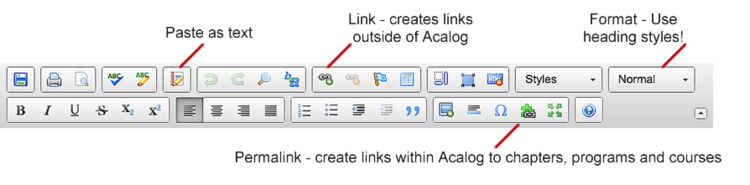 There are four icons you will use on a regular basis in the Acalog editor: Paste as text, link, format and permalink