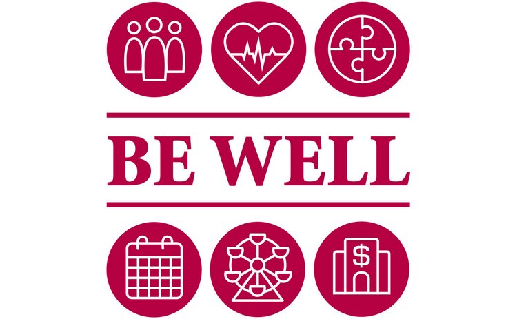 BE WELL logo, with text surrounded by six red icons