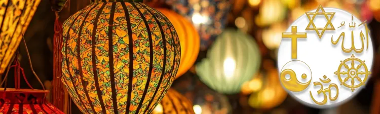 Paper lanterns overlaid with an icon displaying major world religions