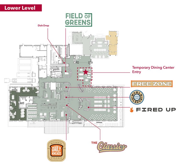 Map of lower level of Dining Center with labels including "Free Zone," "World of Flavor," "Fired Up," "Daily Kneads," "The Classics" and "Dish Drop"