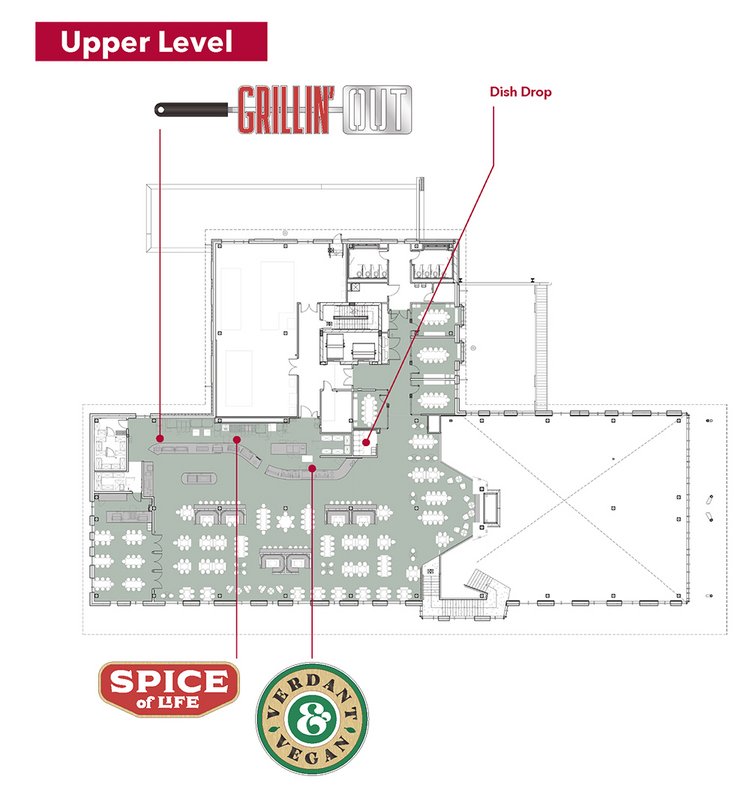 Map of upper level of Dining Center with labels including "World of Spice," "Grillin' Out," and "Verdant and Vegan"
