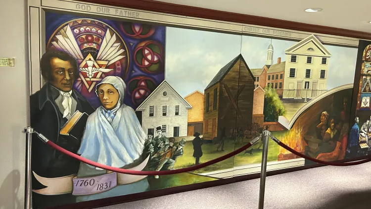Mother Bethel A.M.E. Church - Image of mural of Founder Richard Allen and his wife, and the different buildings that the church called home. Photo taken by Tanya Hoard