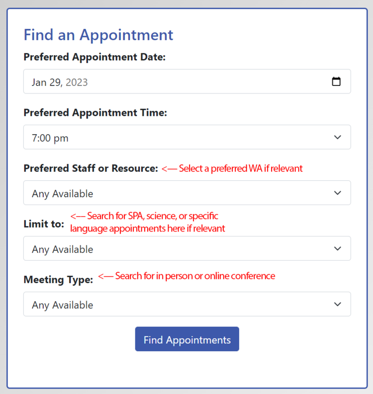 Screenshot of the "Find an Appointment" box on WC Online
