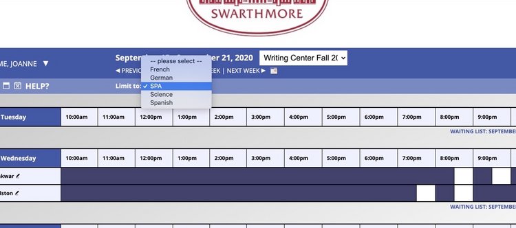 Screenshot detailing how to make an appointment with the Writing Program