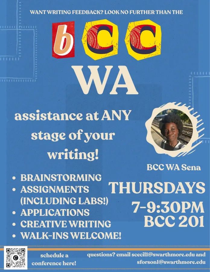 flyer of Black Cultural Center Writing Associate Sena Forson on Thursdays from 7pm-9:30pm