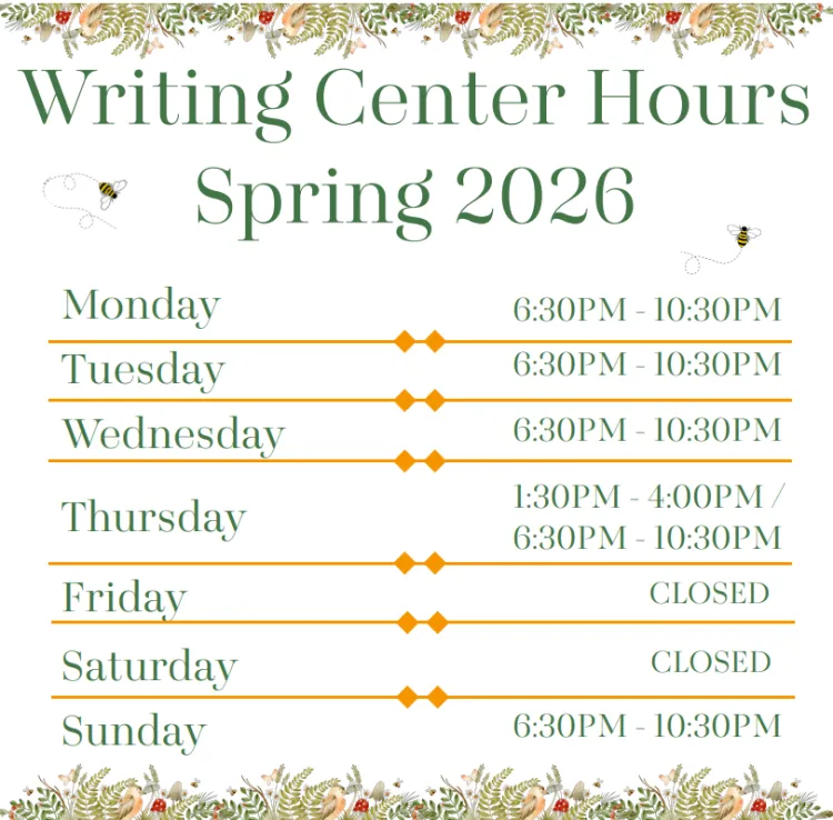 Spring 2026 Writing Center Hours