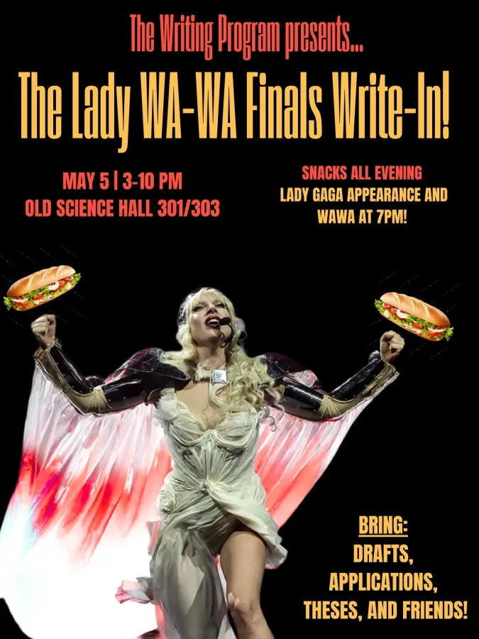 Write-In event poster for May 5, from 3:00pm to 10:00pm in Old Science Hall 301 and 303