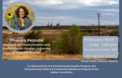 Image of Poster featuring Phaedra Pezzullo talk and an arid landscape