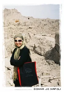 Donna Jo Napoli, with traditional scarf over her head, in Iran, 
