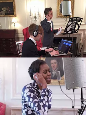 Top: Evan '01 and Michael Gregory in the White House. Bottom: Michelle Obama recording.