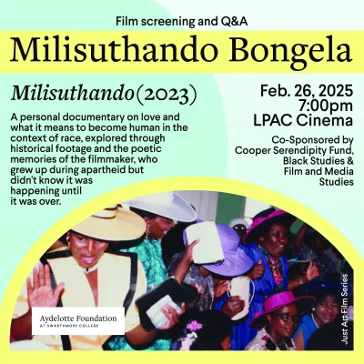 Still image from film with text about the event