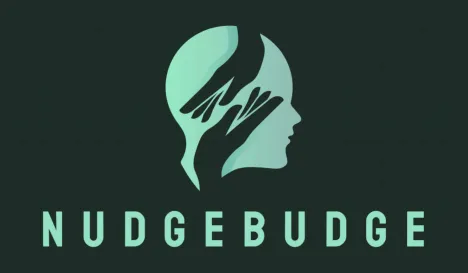 Logo of a side profile of a head with two hands reaching out to each other with the text:NudgeBudge