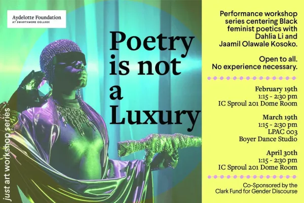 Image of artist with title of workshop Poetry is not a luxury