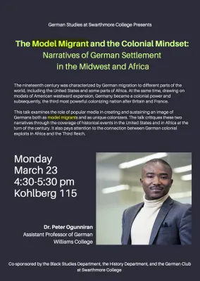 dark blue poster with text from the description and a photo of Peter Ogunniran