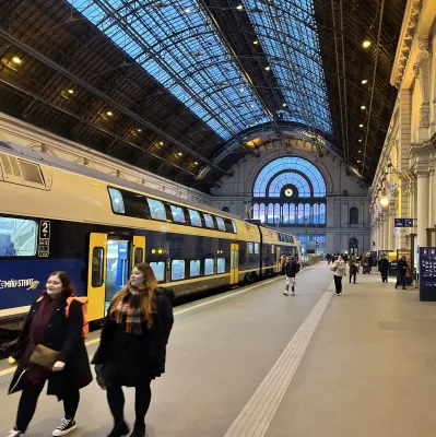 European train station with arched glass ceiling