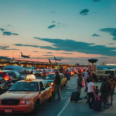 Airport scene showing horizon at dusk with planes landing and taxis picking up passengers
