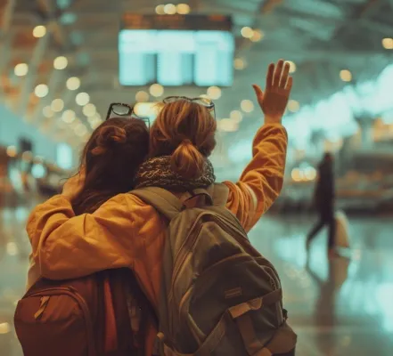 Two female figures show from behind wave in airport.