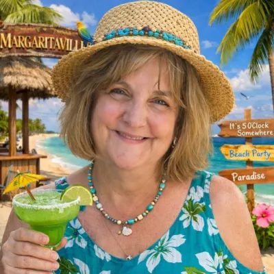 Woman with a green drink standing in front of a beach backdrop.
