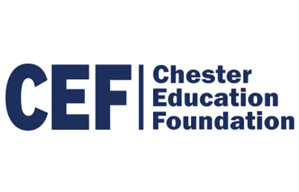 CEF and Chester Education Foundation written out in dark blue text on a white background, separated by a blue line