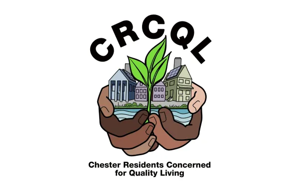Logo with two hands and a plant and buildings