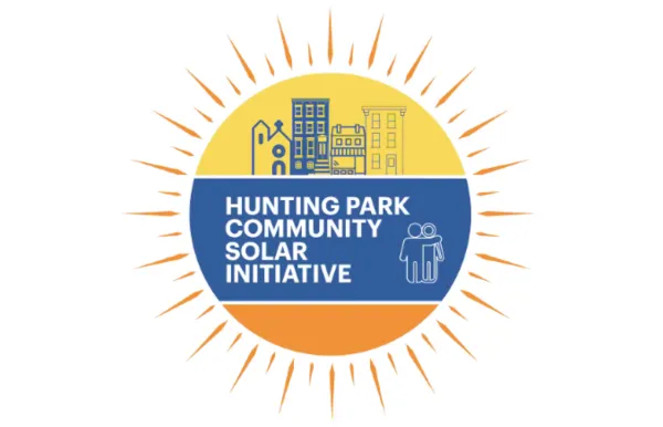 Hunting Park Community Solar Initiative logo, a yellow and orange sun with a blue skyline and the name in all caps