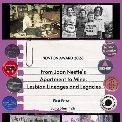 Event poster created by Julia Stern featuring the name of her winning collection and including snapshots and images of political buttons