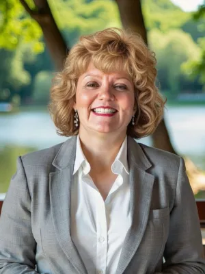 woman with wavy strawberry blond hair wears a gray jacket