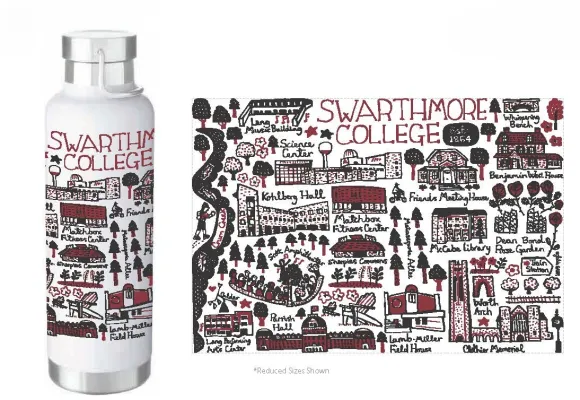 The image depicts a white water bottle with Swarthmore themed drawings wrapped around the surface. Next to the bottle is a flat image of the images on the bottle.