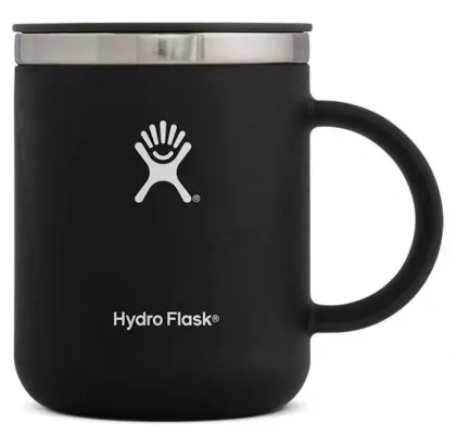 This image depicts a black metal coffee mug with a hydroflask logo and a lid