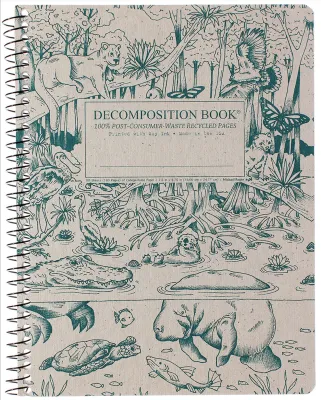 This image depicts a white spiral notebook with a blue line drawing of a scene of wildlife in the Everglades