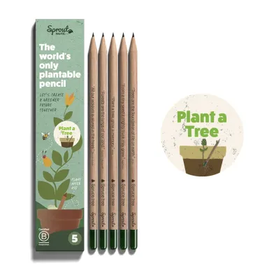 The image depicts a cardboard box next to 5 seed pencils and a sticker that says 'plant a tree'