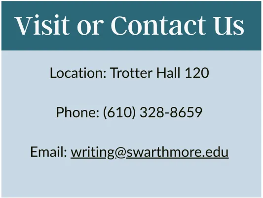 Contact Information - Location: Trotter 120, Phone: 610-328-8659, Email: writing@swarthmore.edu