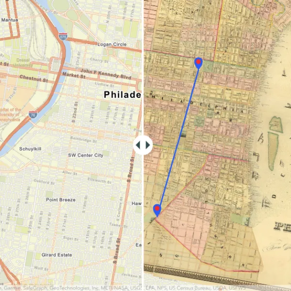 map of philadelphia, half modern and half historic