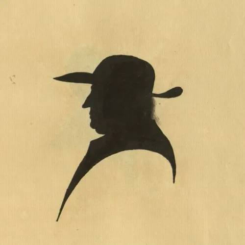 Silhouette of a man in Quaker garb