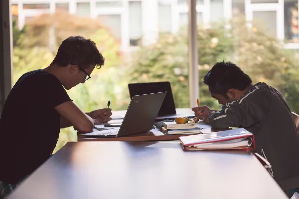 Two students studying with two open laptops