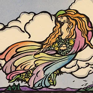 woman with long hair and colorful clothing floating among clouds