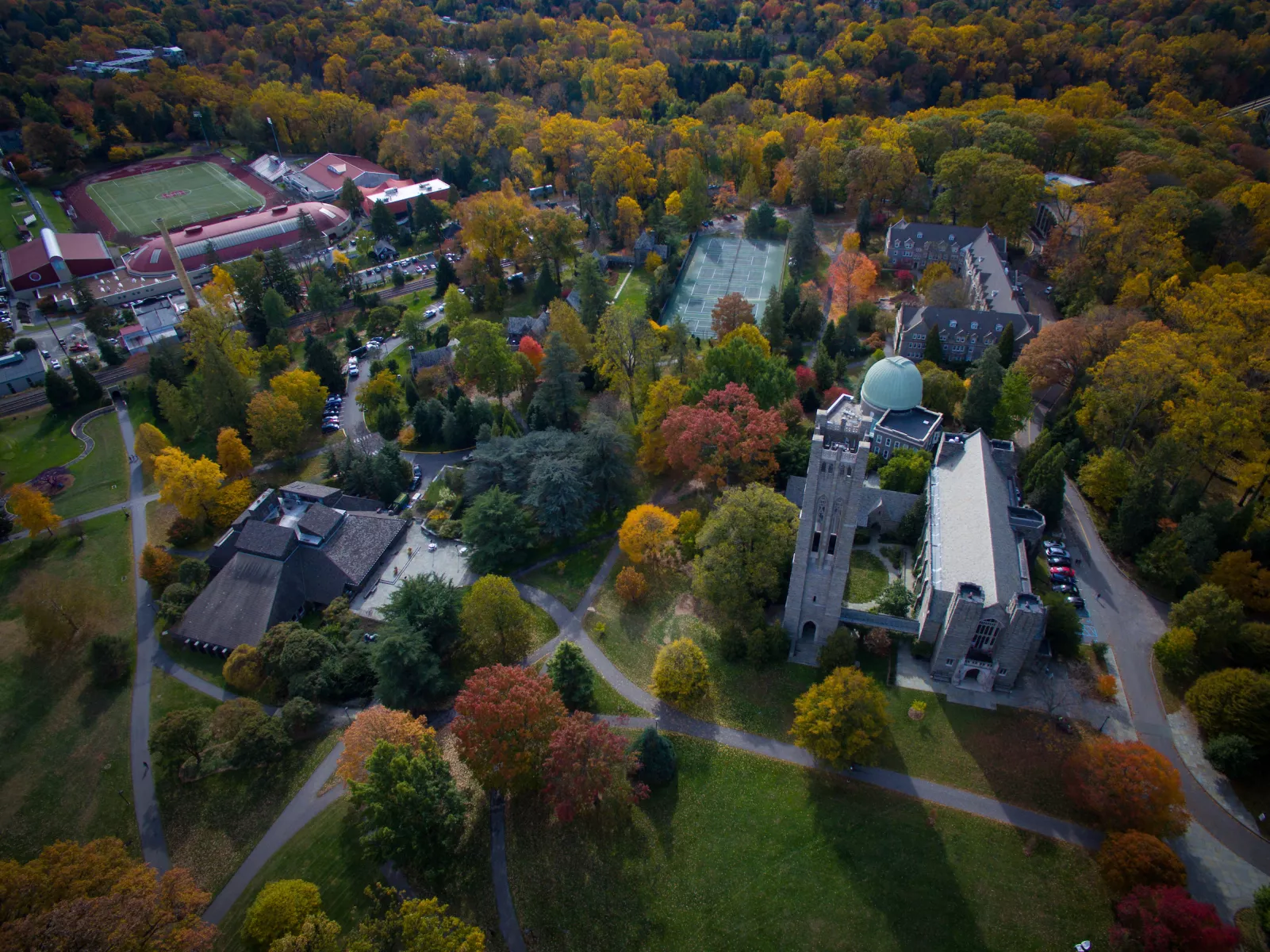 birds eye view of Swarthmore campus buildings