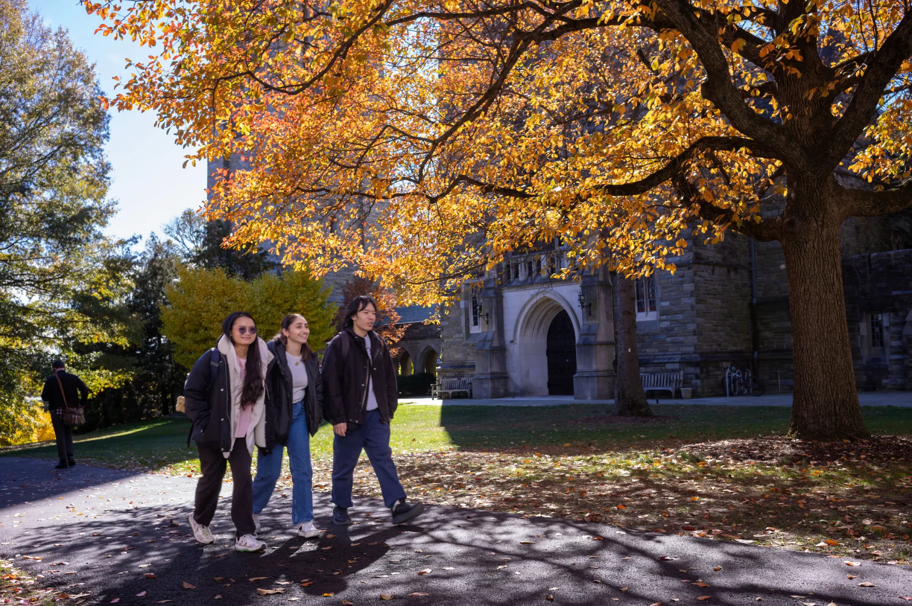 People walk around campus in fall with foliage changing in background