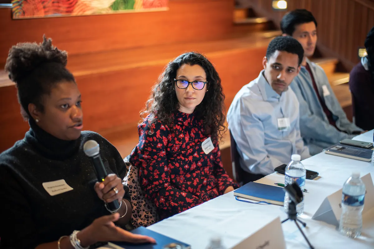 Panelists answer questions during a Career Services event. 