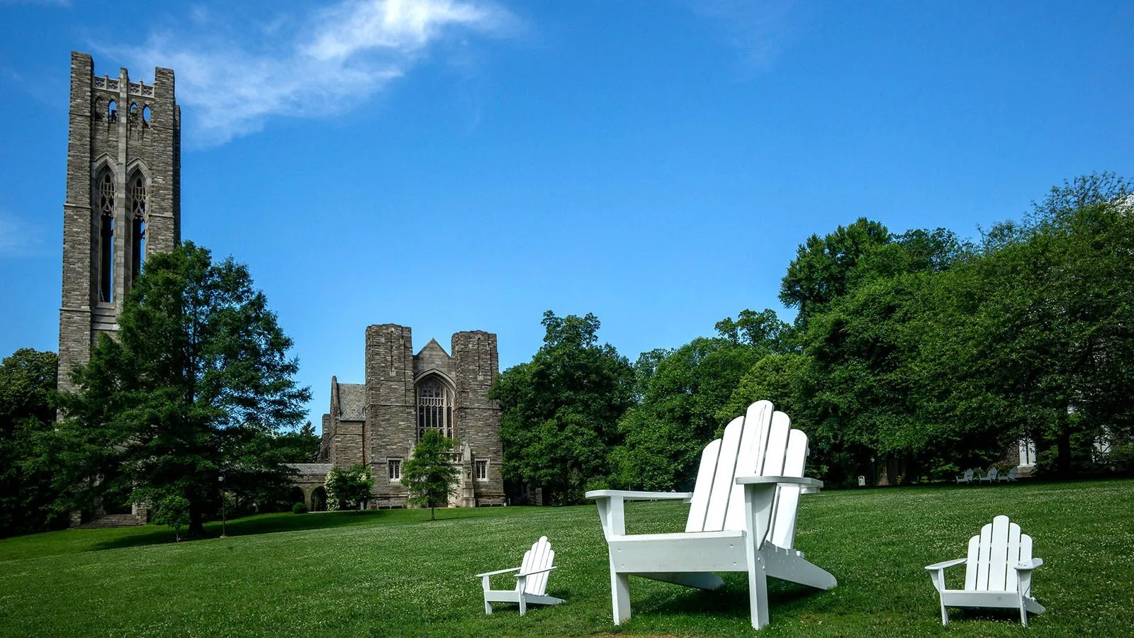 image of Clothier Belltower and the big Adirondack chair