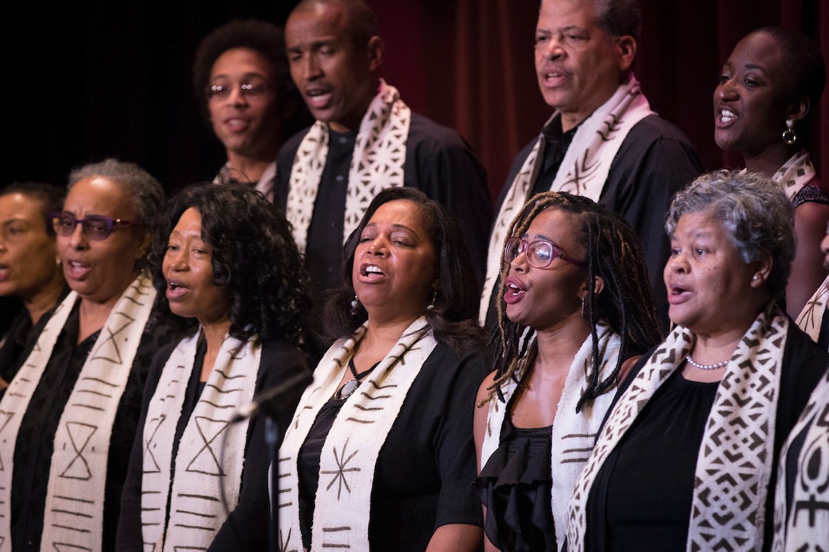 Two rows of singers during an Alumni Gospel Choir performance