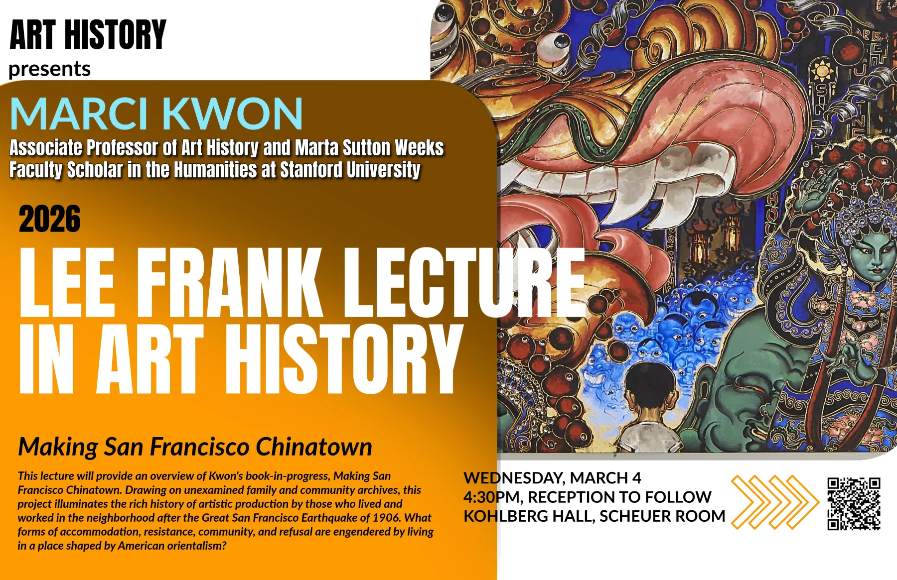Poster for the 2026 Lee Frank lecture in Art History with guest lecturer Marci Kwon