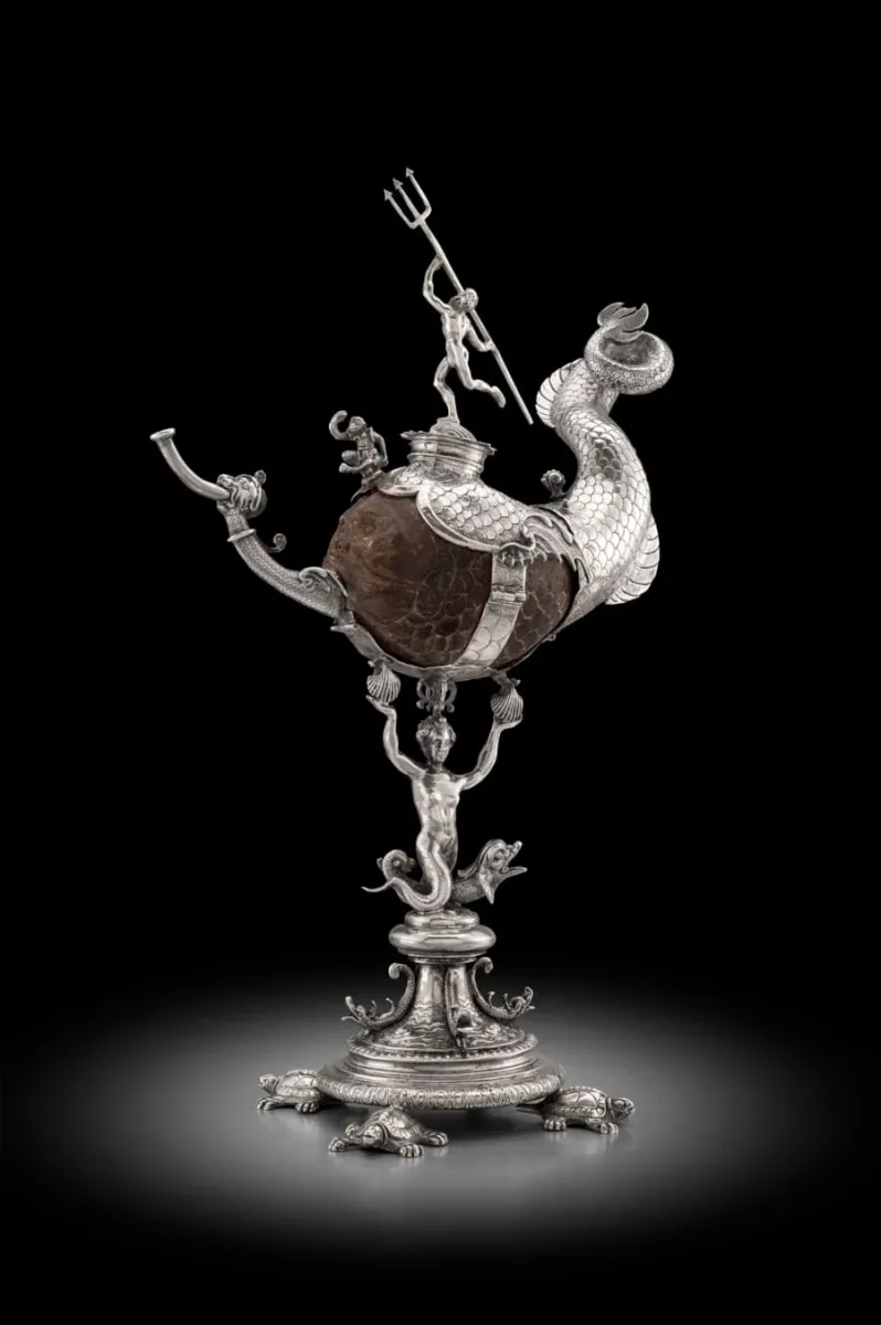 Image of a silver mounted coconut cup highlighted in the Benjamin West lecture for Art History 2025-2026. Frederiks Andries, Silver-mounted coconut cup  (Amsterdam, 1607); 34.5 cm (h) (Koopman Rare Art, London, sold to Rose-Marie and Eijk van Otterloo, gifted to MFA, Boston)
