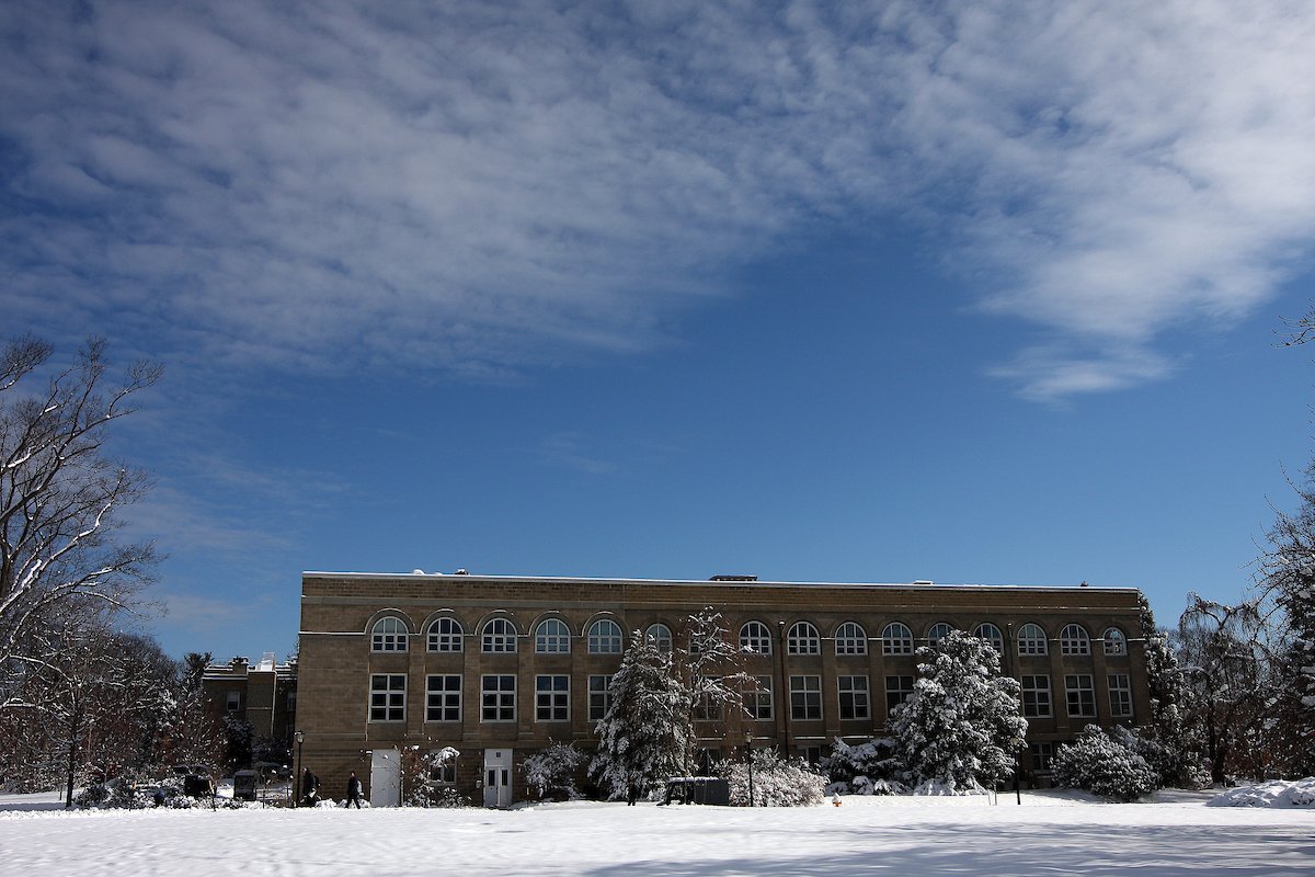 Beardsley Hall. Exterior. Winter.