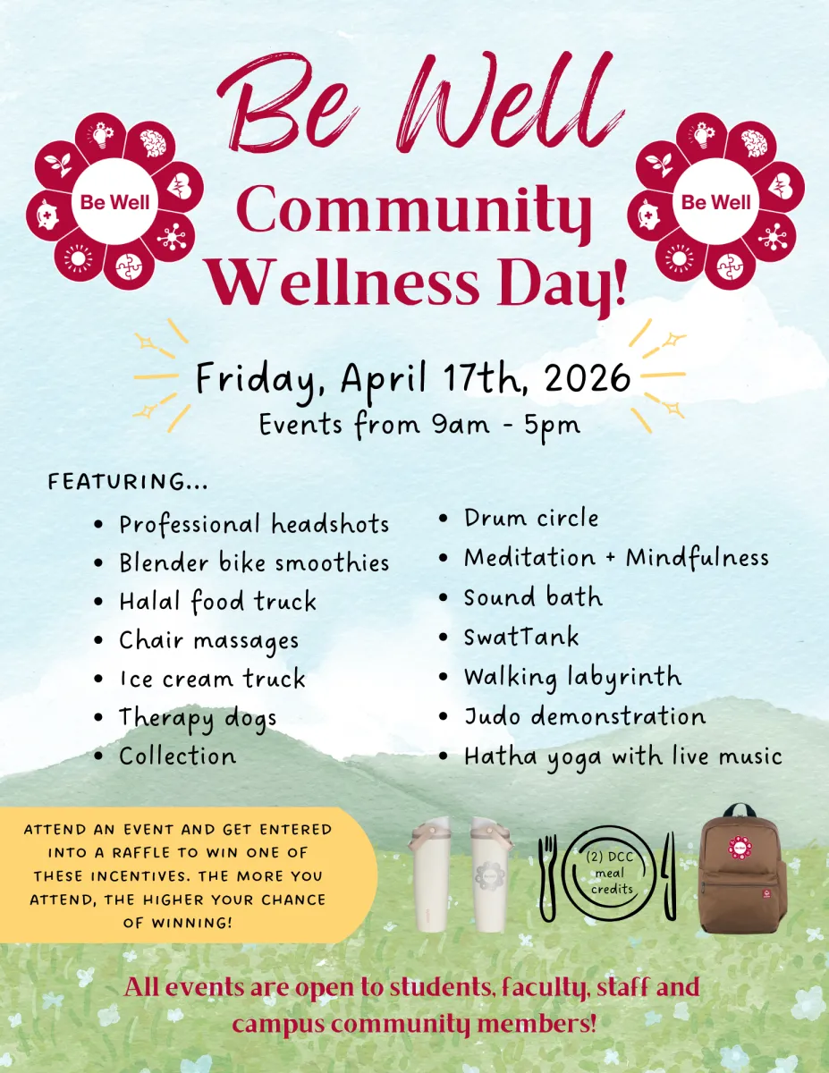 Flyer for the 2026 Be Well Community Wellness Day showing daylong programs and images of raffle options for a custom cup, backpack or meal credits